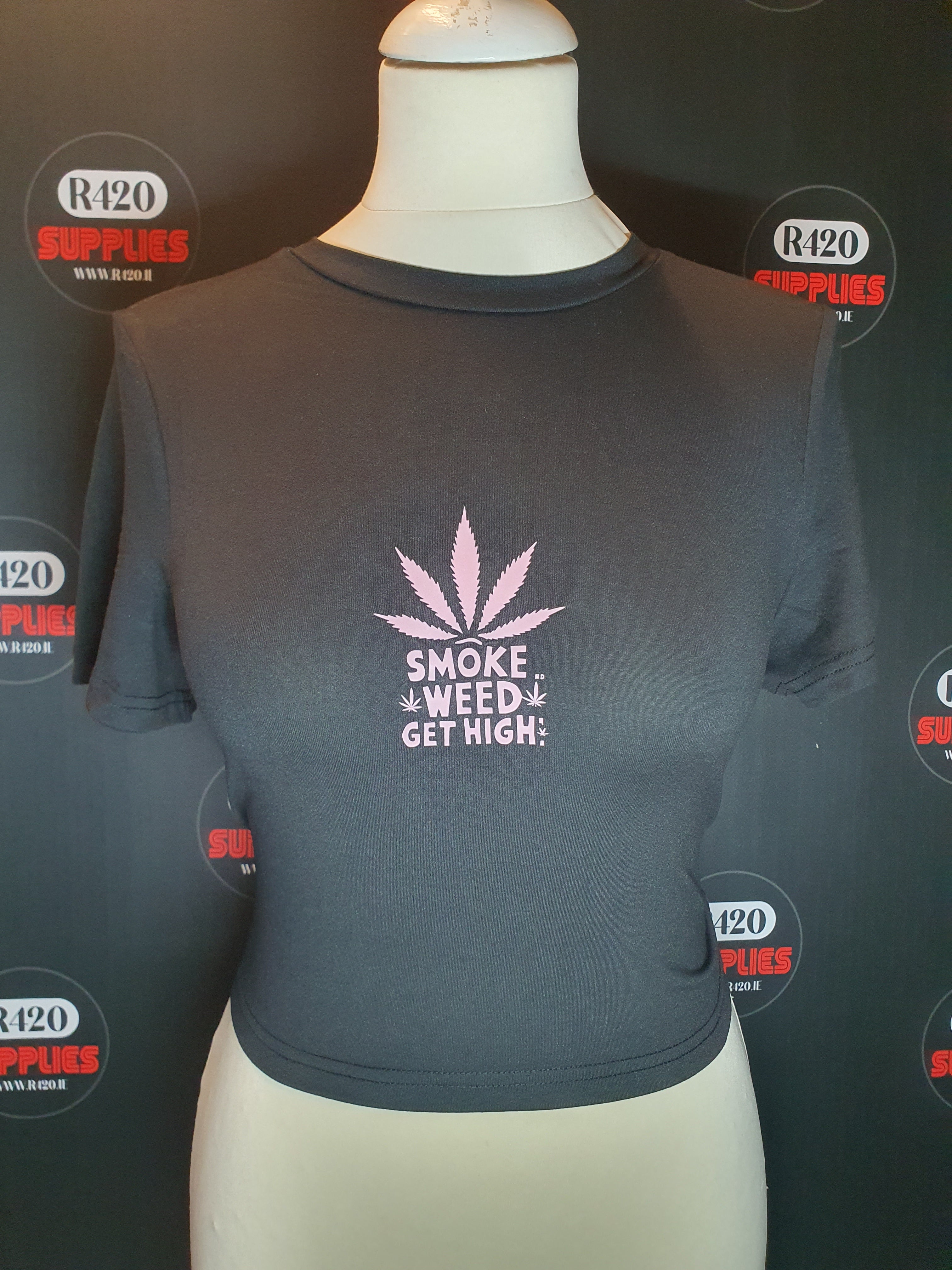 Pink "Smoke Weed Get High" Printed Crop-Top