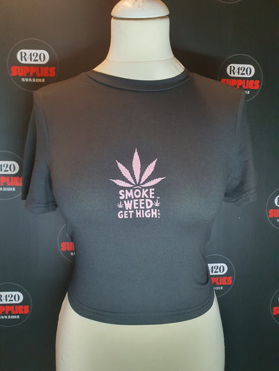 Pink "Smoke Weed Get High" Printed Crop-Top