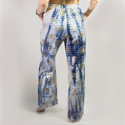 Handgeschilderde Nomad Sari Broek - Goud & Blauw Grieks Ontwerp (M/L)