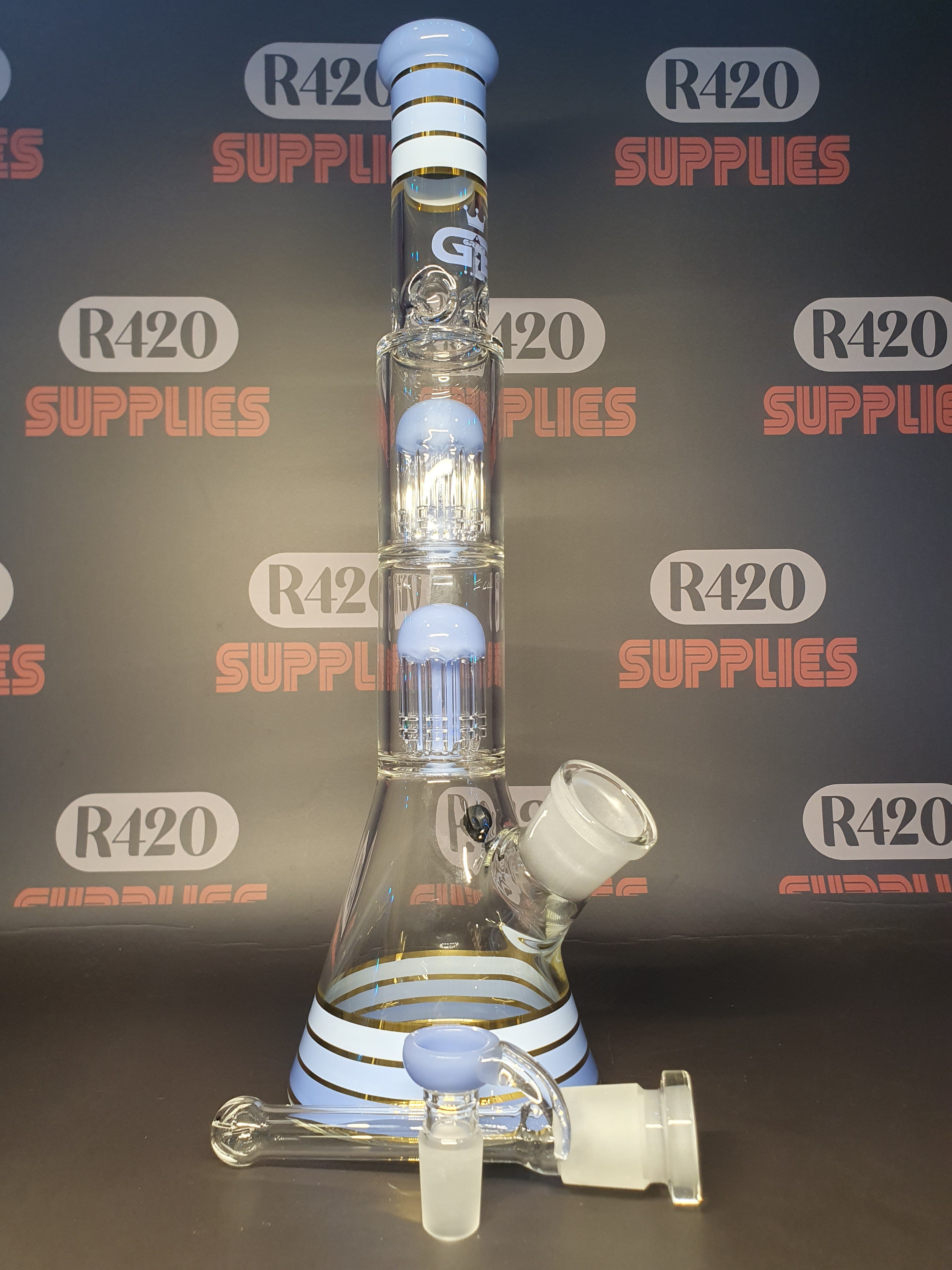 Grace Glass - Golden Line Beaker- Blue - Double Perc - H: 46cm