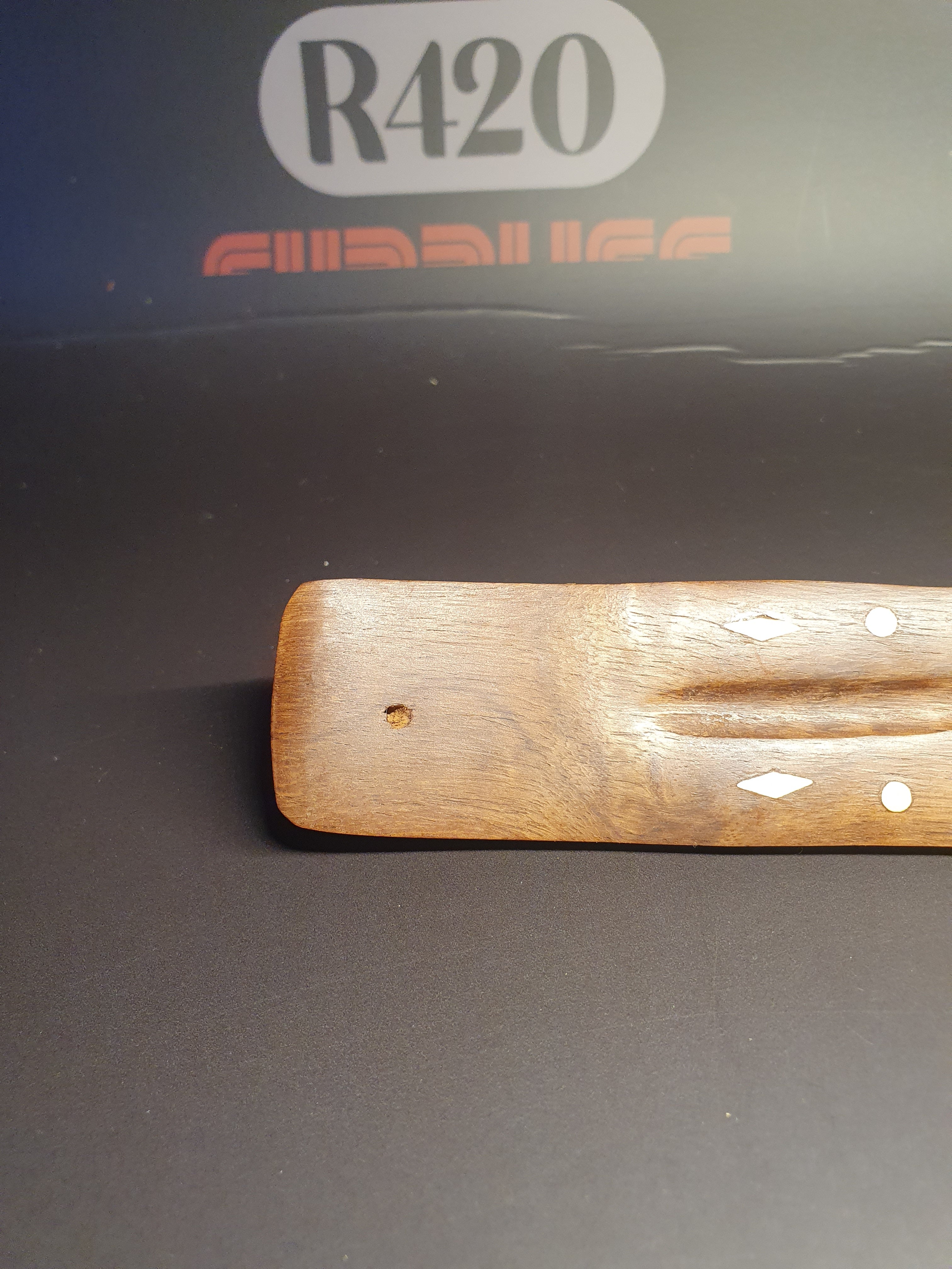 Flat Wooden Incense Burner with Brass Design