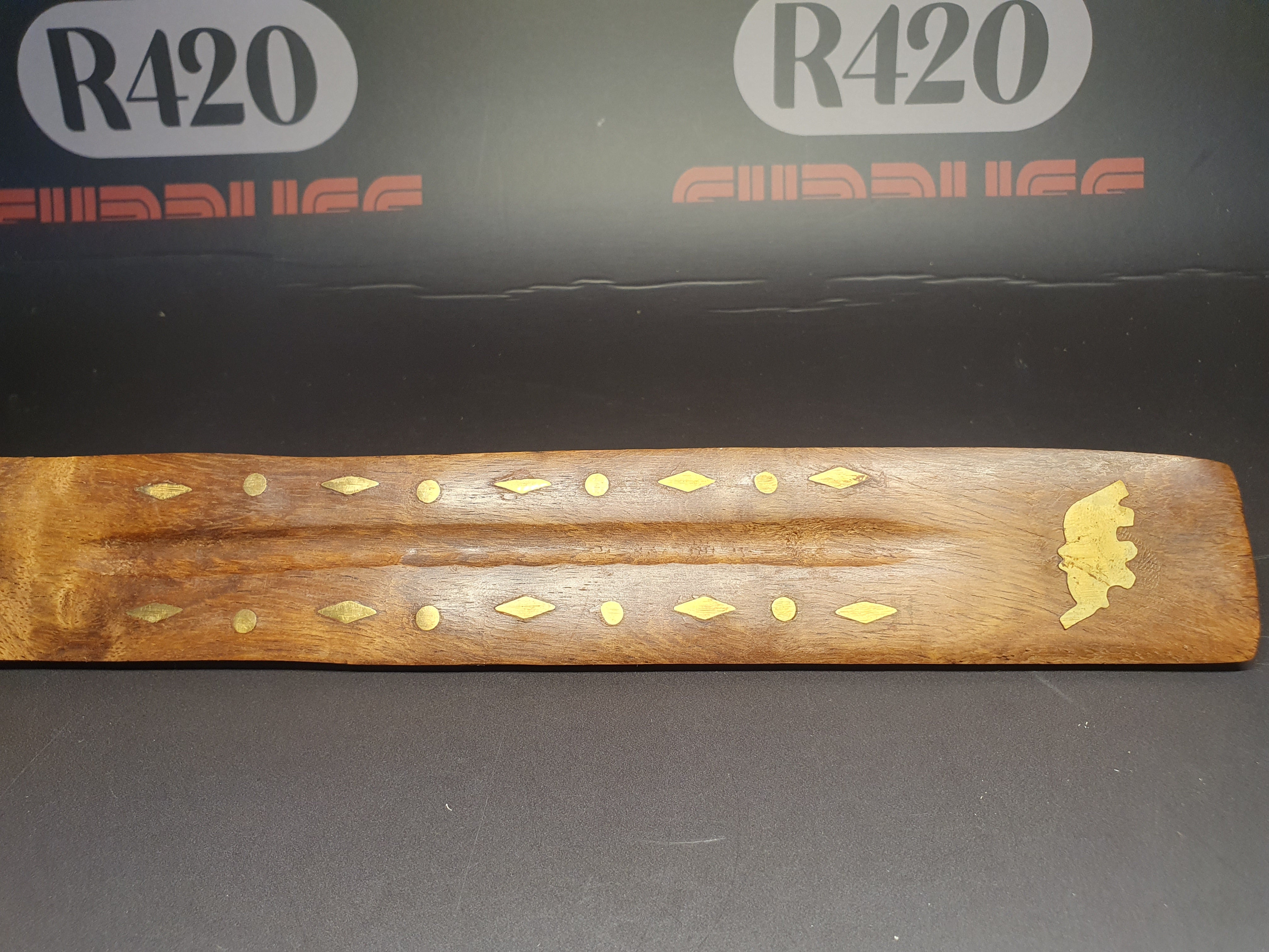 Flat Wooden Incense Burner with Brass Design
