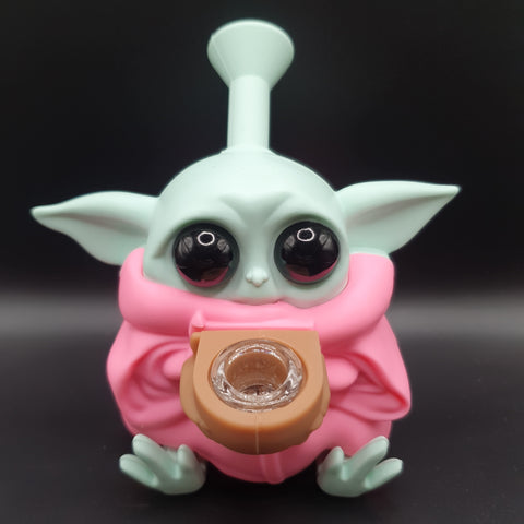 Baby Yoda Shaped Silicone Bong - 135mm - Pink Robe