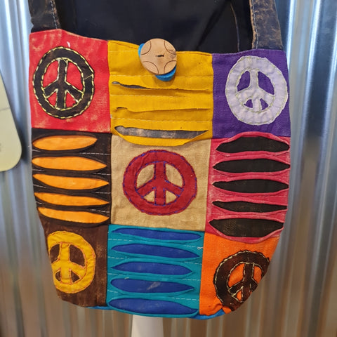 Large Handmade Patchwork Shoulder Bag from India - Peace Signs