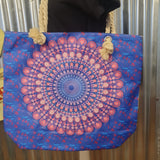 Large Mandala Beach Bag with Rope Handles - Purple Blue