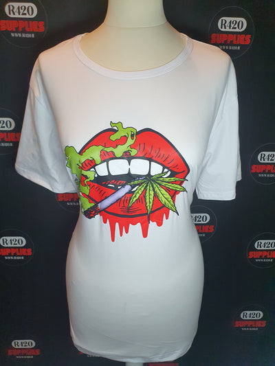 Red Lips with Weed Leaf & Joint Printed T-Shirt
