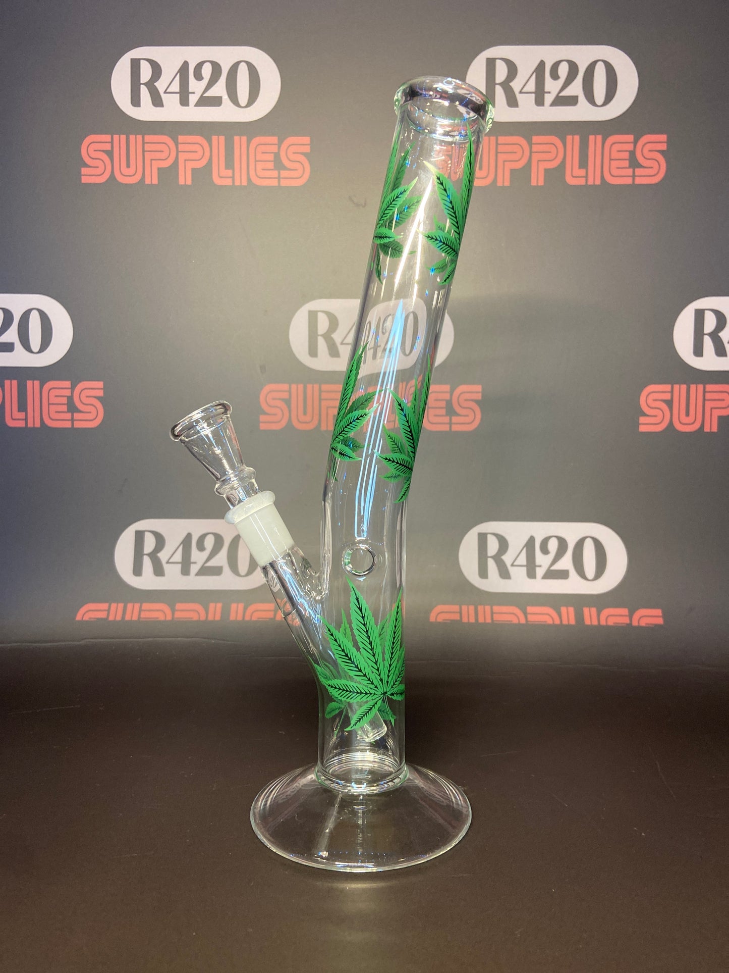 Glass Bong - Clear with Green Leaf Design - H: 38cm