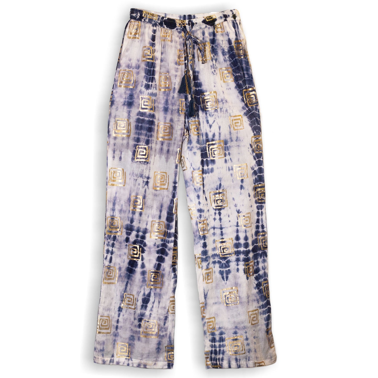 Handgeschilderde Nomad Sari Broek - Goud & Blauw Grieks Ontwerp (M/L)