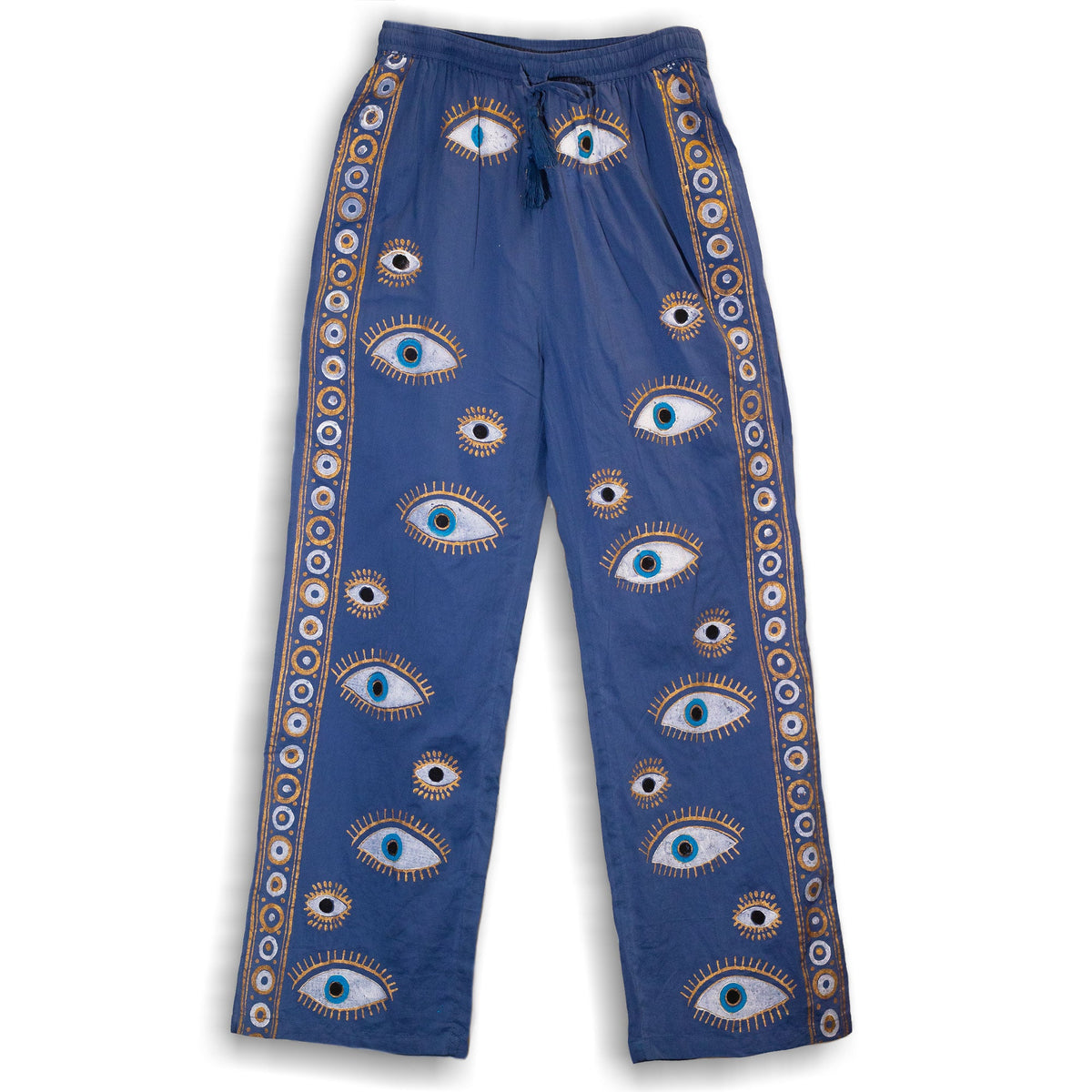 Handpainted Nomad Sari Pants - Blue & Gold Evil Eye Design (M/L)