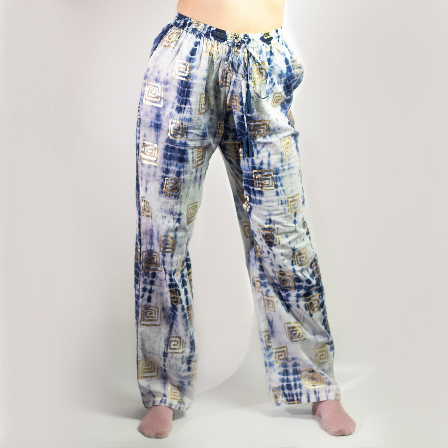 Handgeschilderde Nomad Sari Broek - Goud & Blauw Grieks Ontwerp (M/L)
