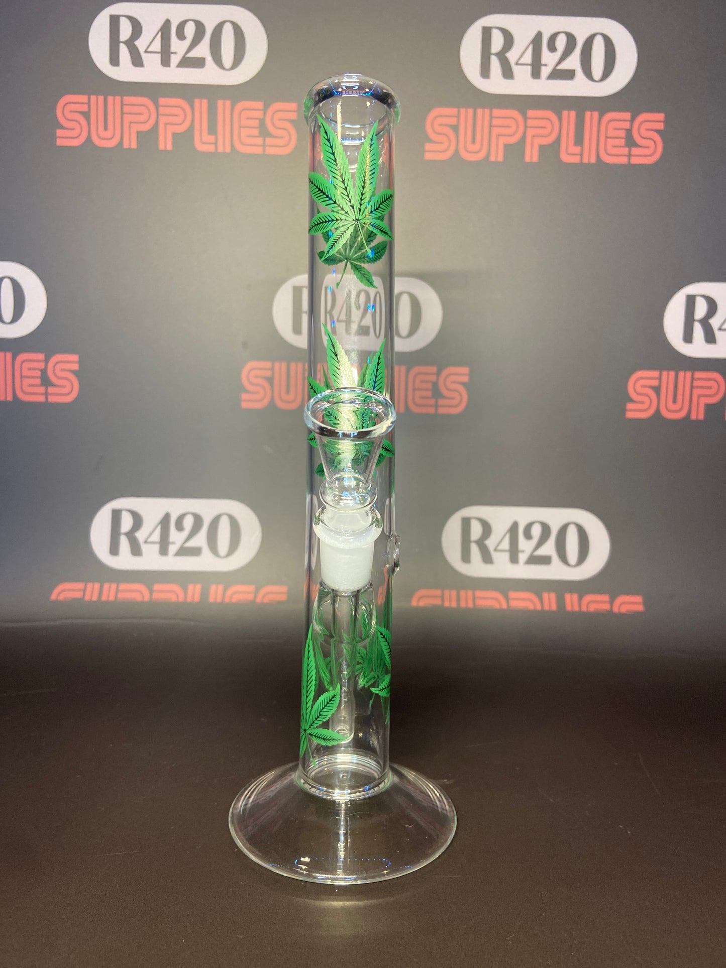 Glass Bong - Clear with Green Leaf Design - H: 38cm