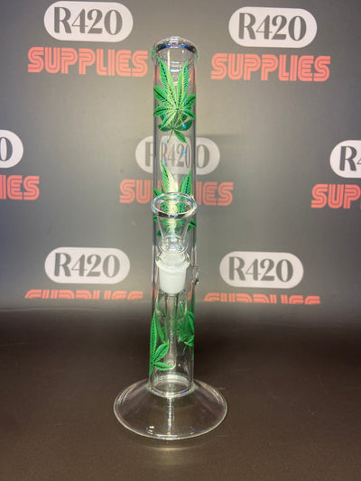 Glass Bong - Clear with Green Leaf Design - H: 38cm