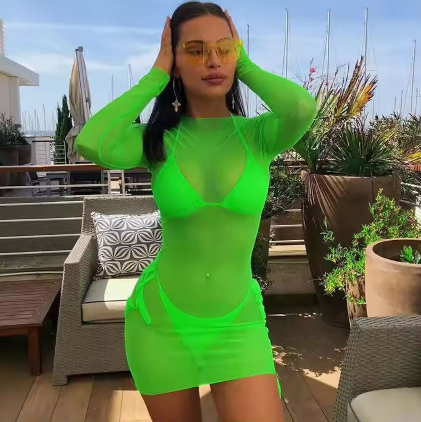 Neon Mesh Long Sleeve Mini Dress – UV Green
