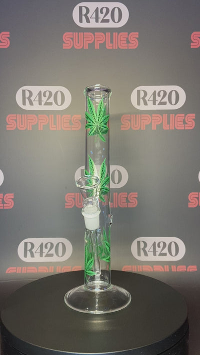 Glass Bong - Clear with Green Leaf Design - H: 38cm