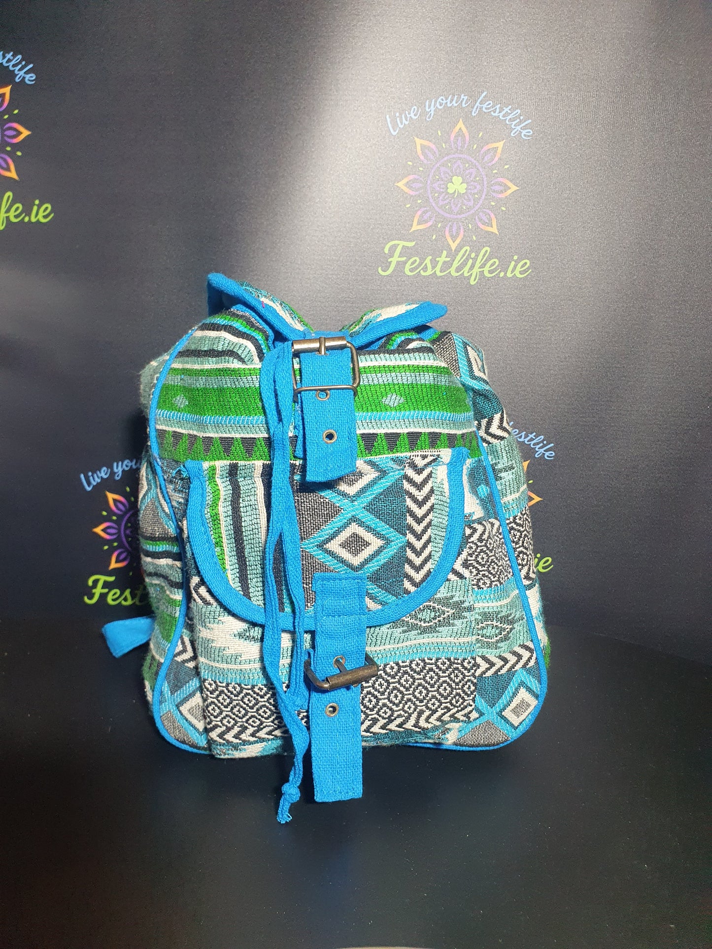 Jacquard rugzak in Nepalese stijl – Blauw/Groen