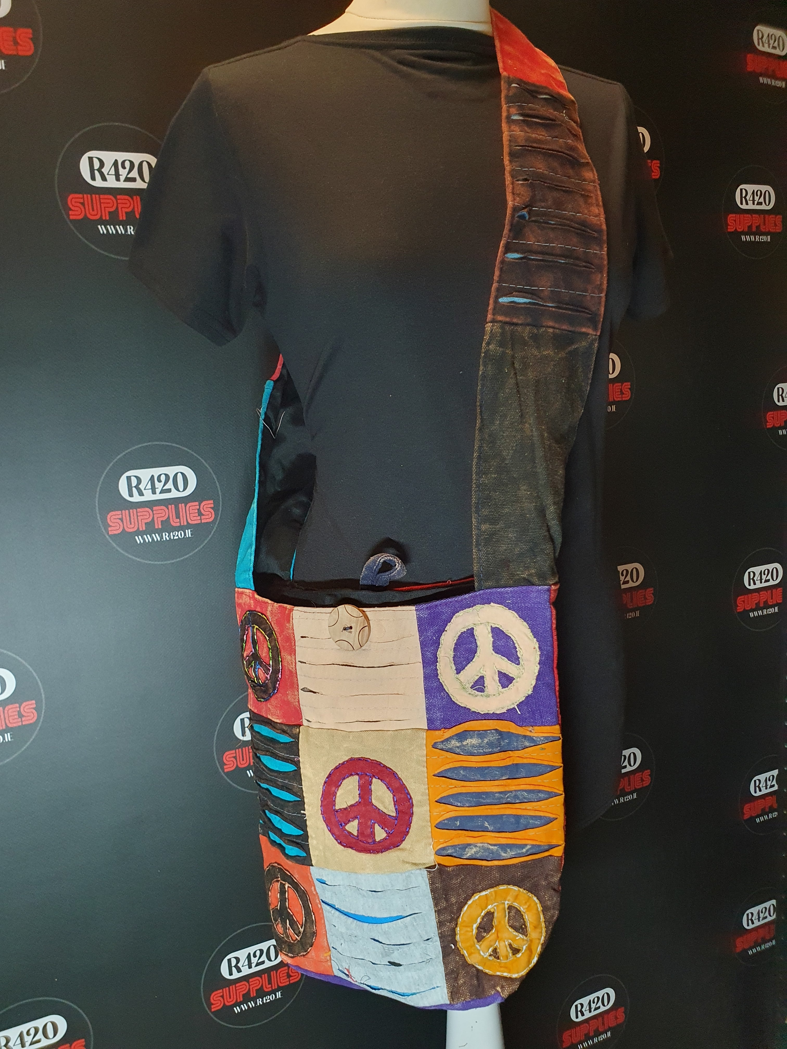 Large Handmade Patchwork Shoulder Bag from India - Peace Signs