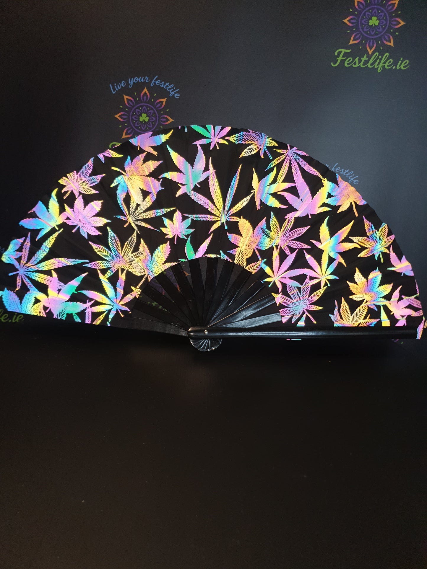 Holographic Reflective Clack Fan – 33cm | Premium Bamboo Rave Fan for Festivals & Parties