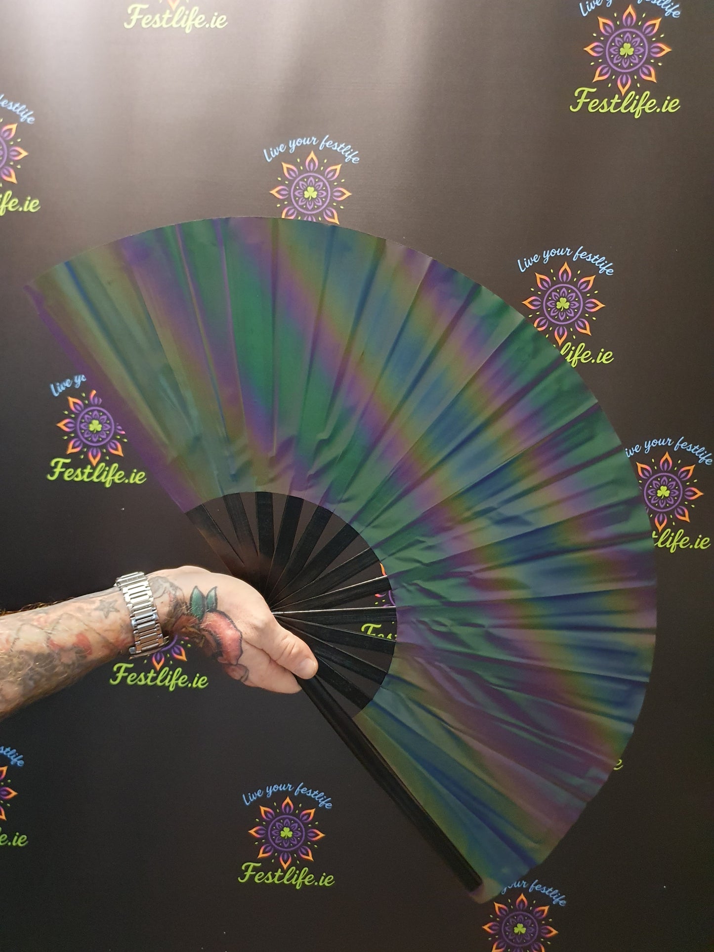 Holographic Reflective Clack Fan – 33cm | Premium Bamboo Rave Fan for Festivals & Parties