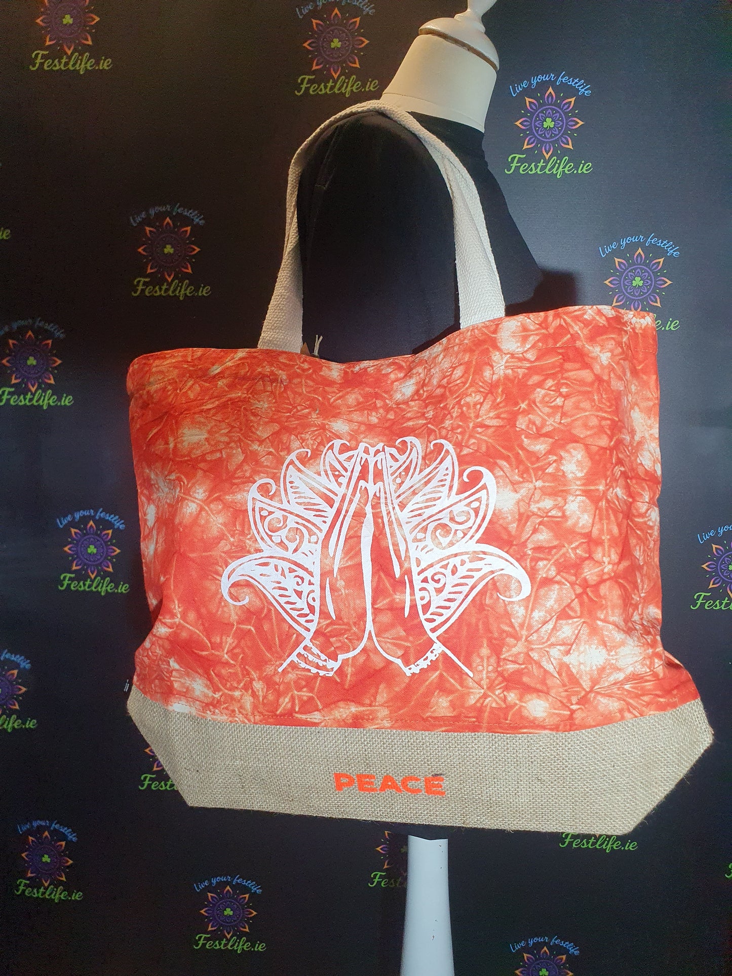Oranje Stonewash - Volledig Natuurlijke Tas - Namaste Hand (Vrede)