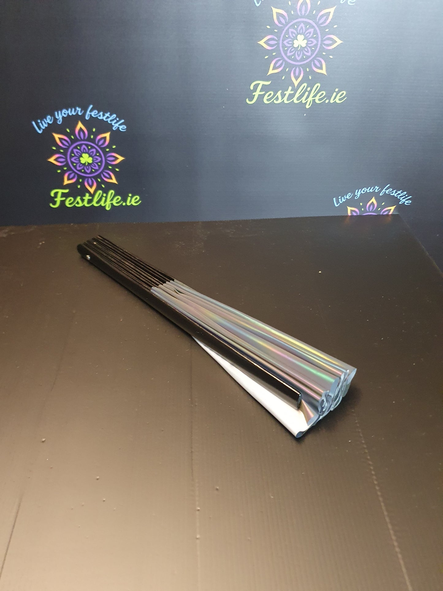 Holographic Reflective Clack Fan – 33cm | Premium Bamboo Rave Fan for Festivals & Parties