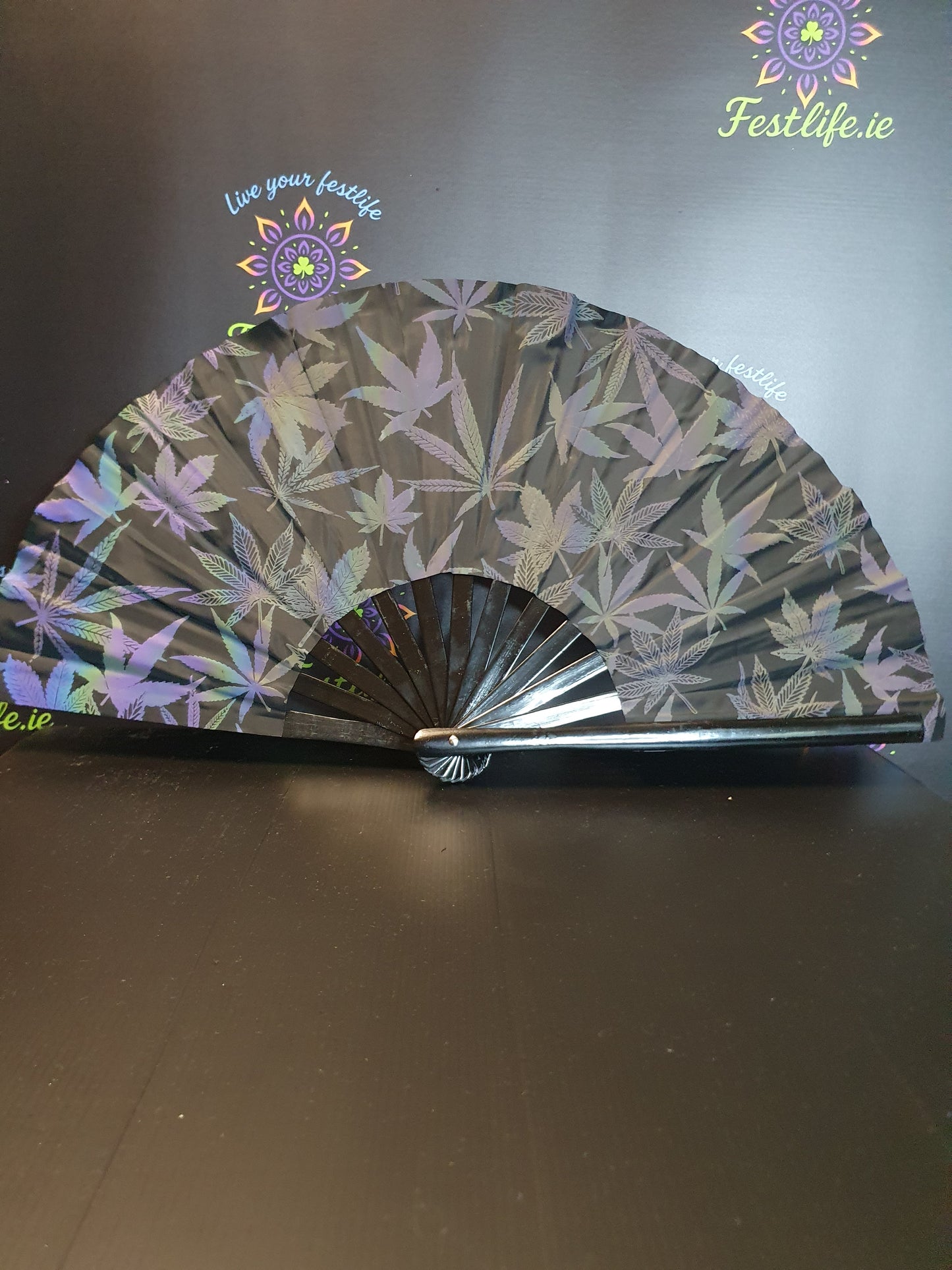Holographic Reflective Clack Fan – 33cm | Premium Bamboo Rave Fan for Festivals & Parties