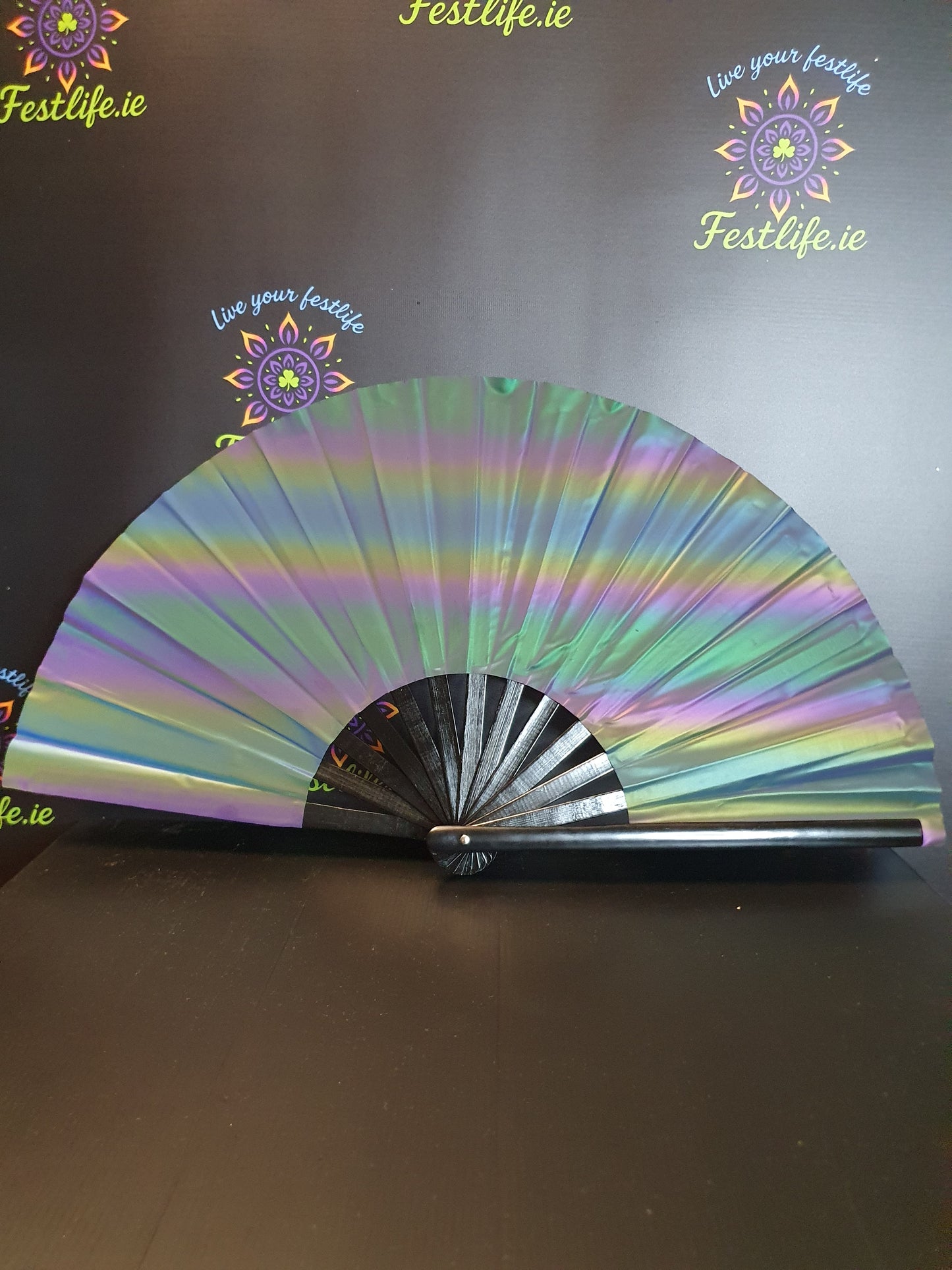 Holographic Reflective Clack Fan – 33cm | Premium Bamboo Rave Fan for Festivals & Parties