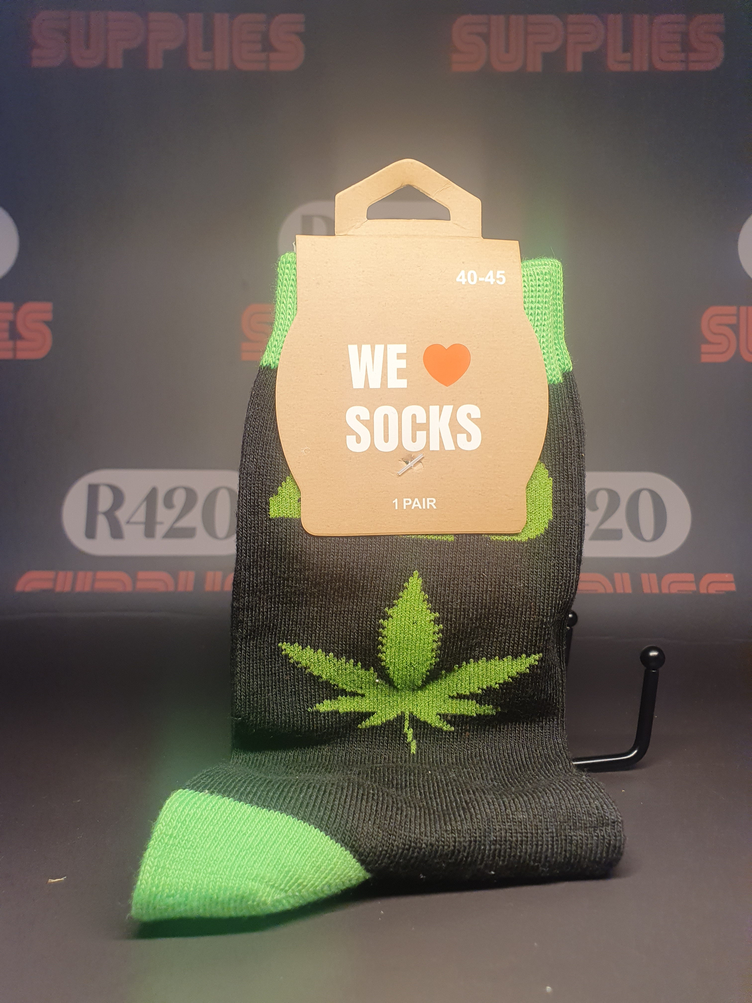 LONG SOCKS-SIZE(40-45) - Black with Neon Green Leaves