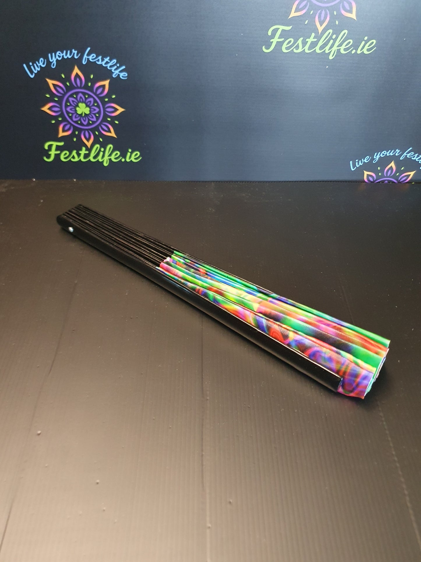 Holographic Reflective Clack Fan – 33cm | Premium Bamboo Rave Fan for Festivals & Parties