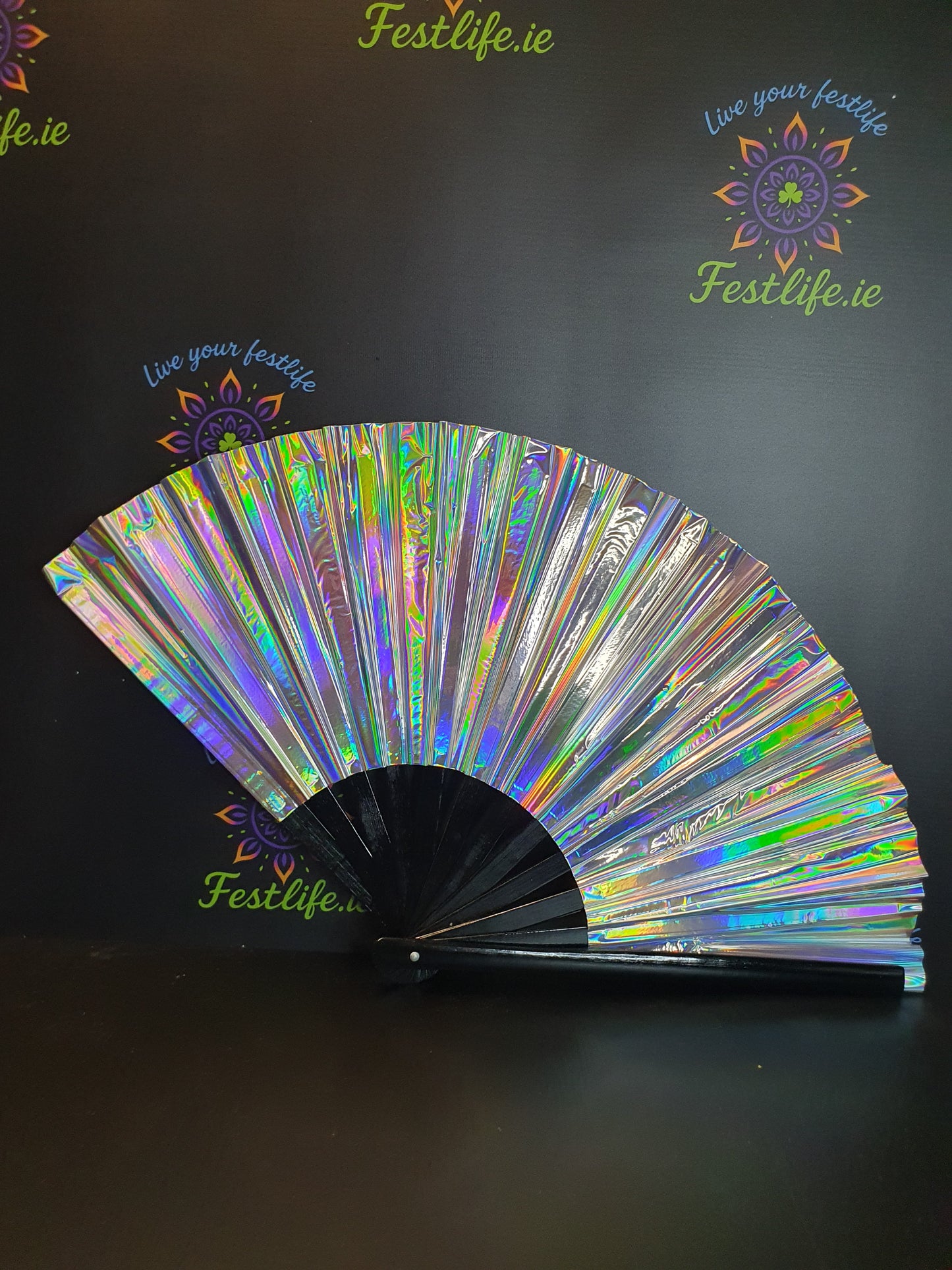 Holographic Reflective Clack Fan – 33cm | Premium Bamboo Rave Fan for Festivals & Parties