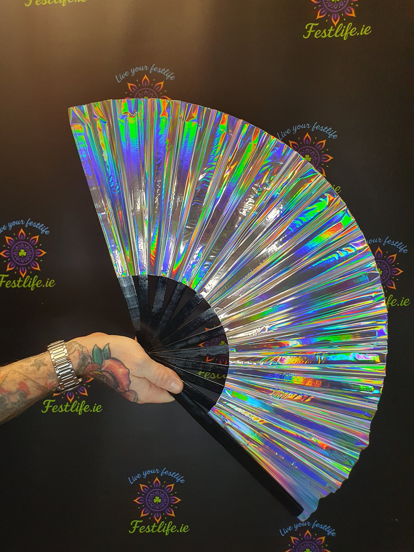 Holographic Reflective Clack Fan – 33cm | Premium Bamboo Rave Fan for Festivals & Parties