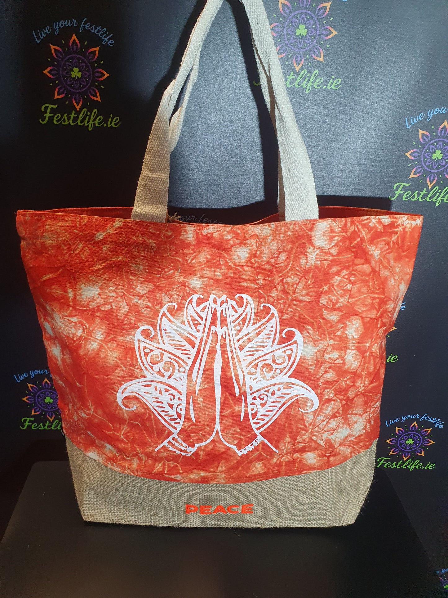 Oranje Stonewash - Volledig Natuurlijke Tas - Namaste Hand (Vrede)
