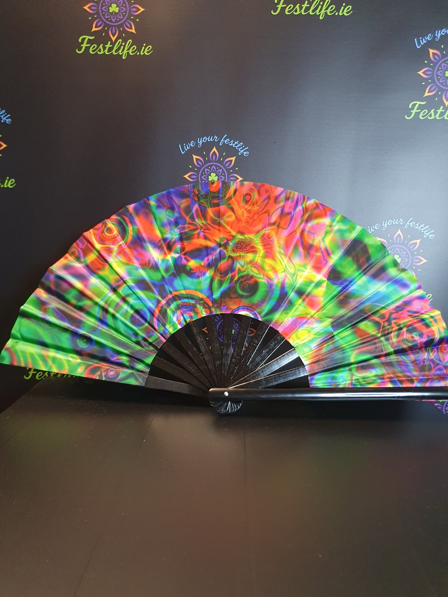 Holographic Reflective Clack Fan – 33cm | Premium Bamboo Rave Fan for Festivals & Parties