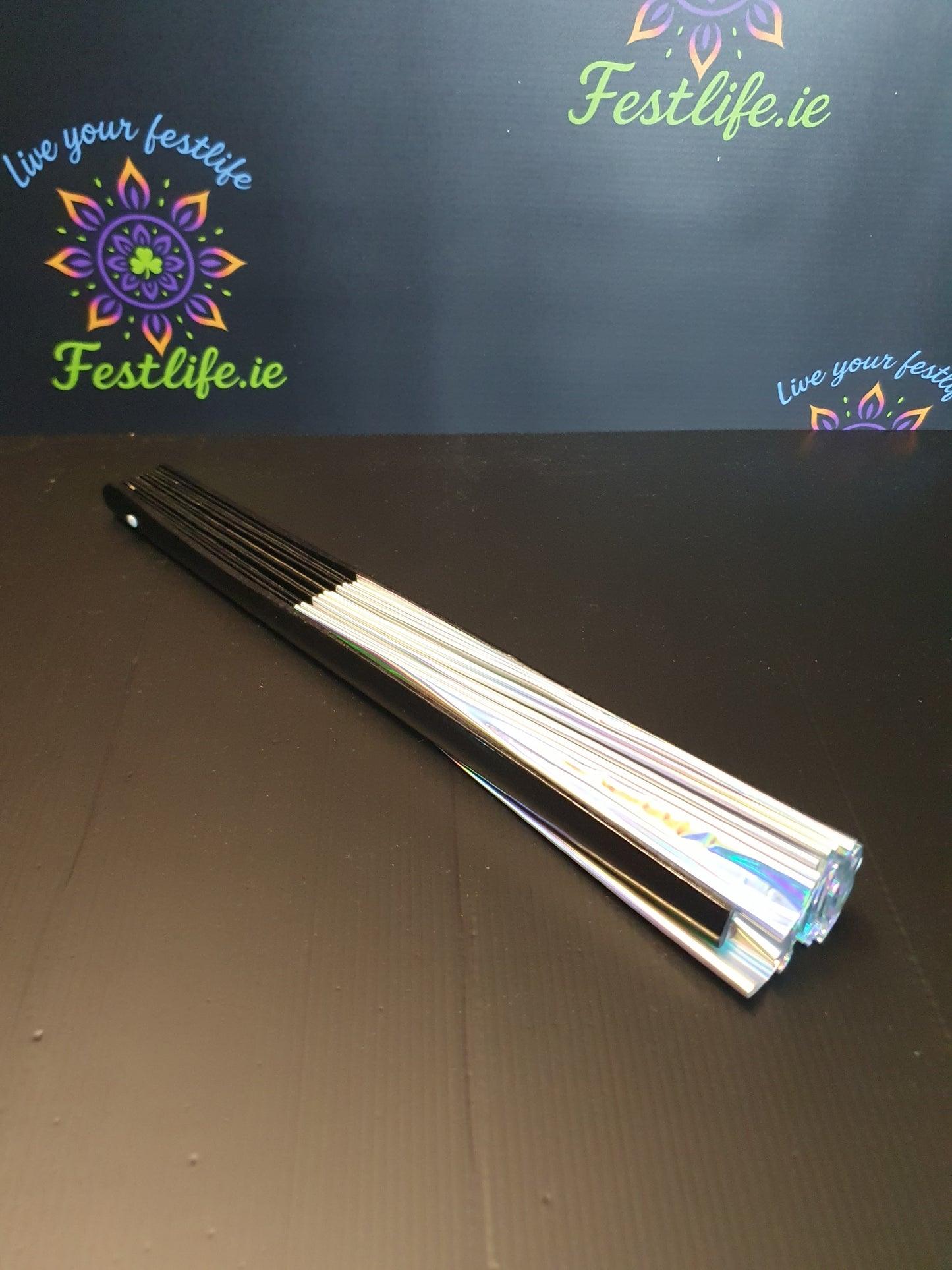 Holographic Reflective Clack Fan – 33cm | Premium Bamboo Rave Fan for Festivals & Parties
