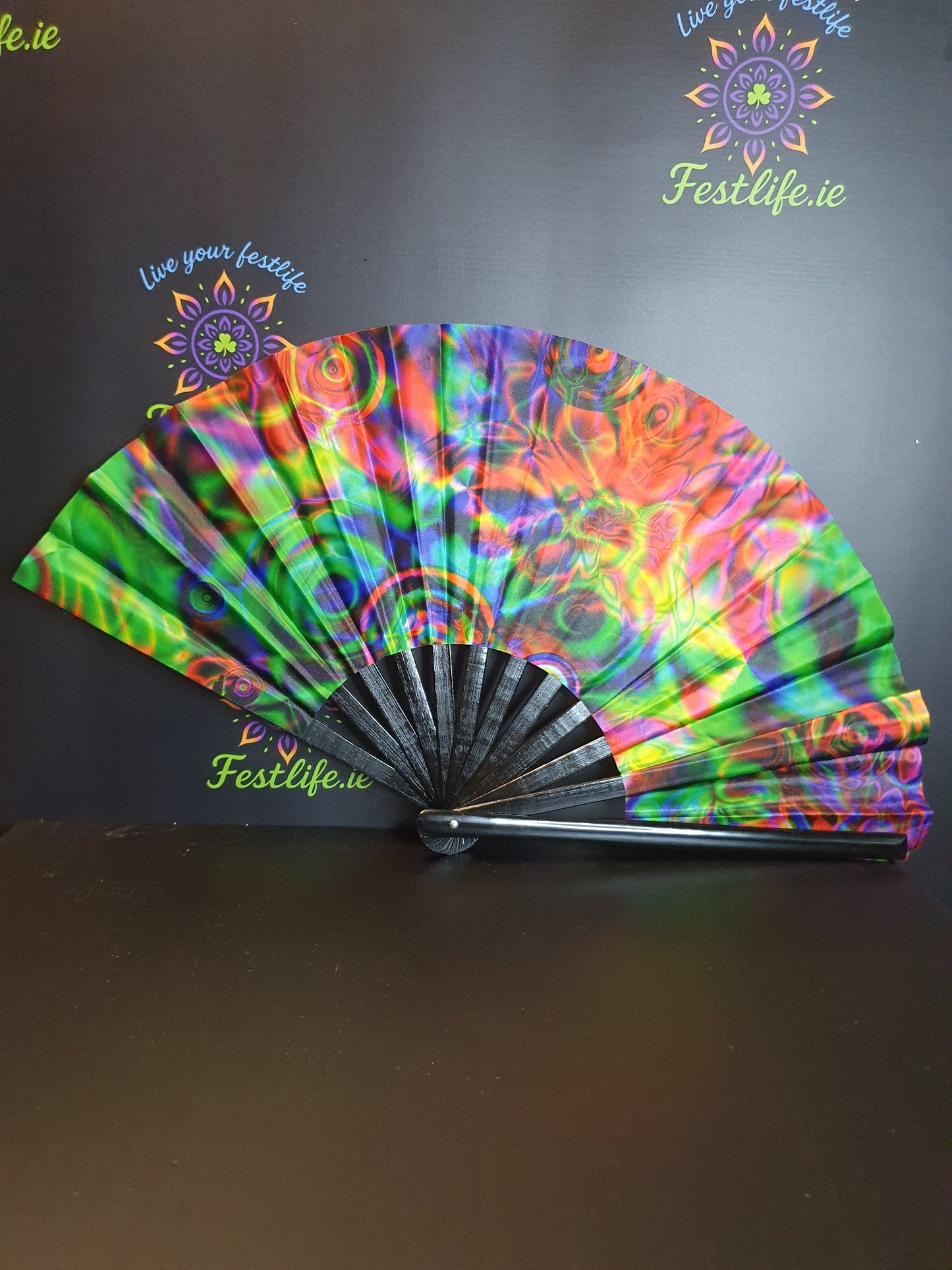 Holographic Reflective Clack Fan – 33cm | Premium Bamboo Rave Fan for Festivals & Parties