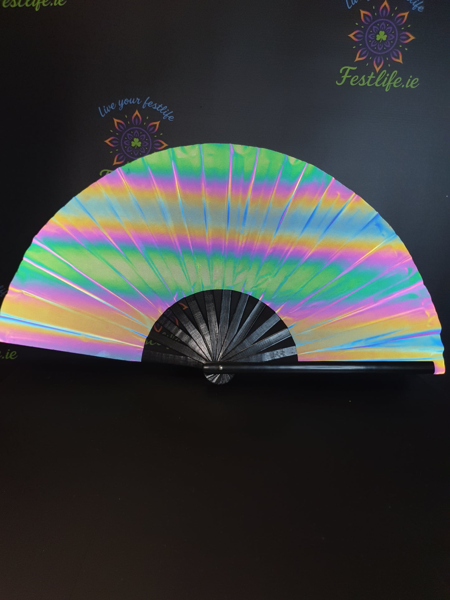 Holographic Reflective Clack Fan – 33cm | Premium Bamboo Rave Fan for Festivals & Parties