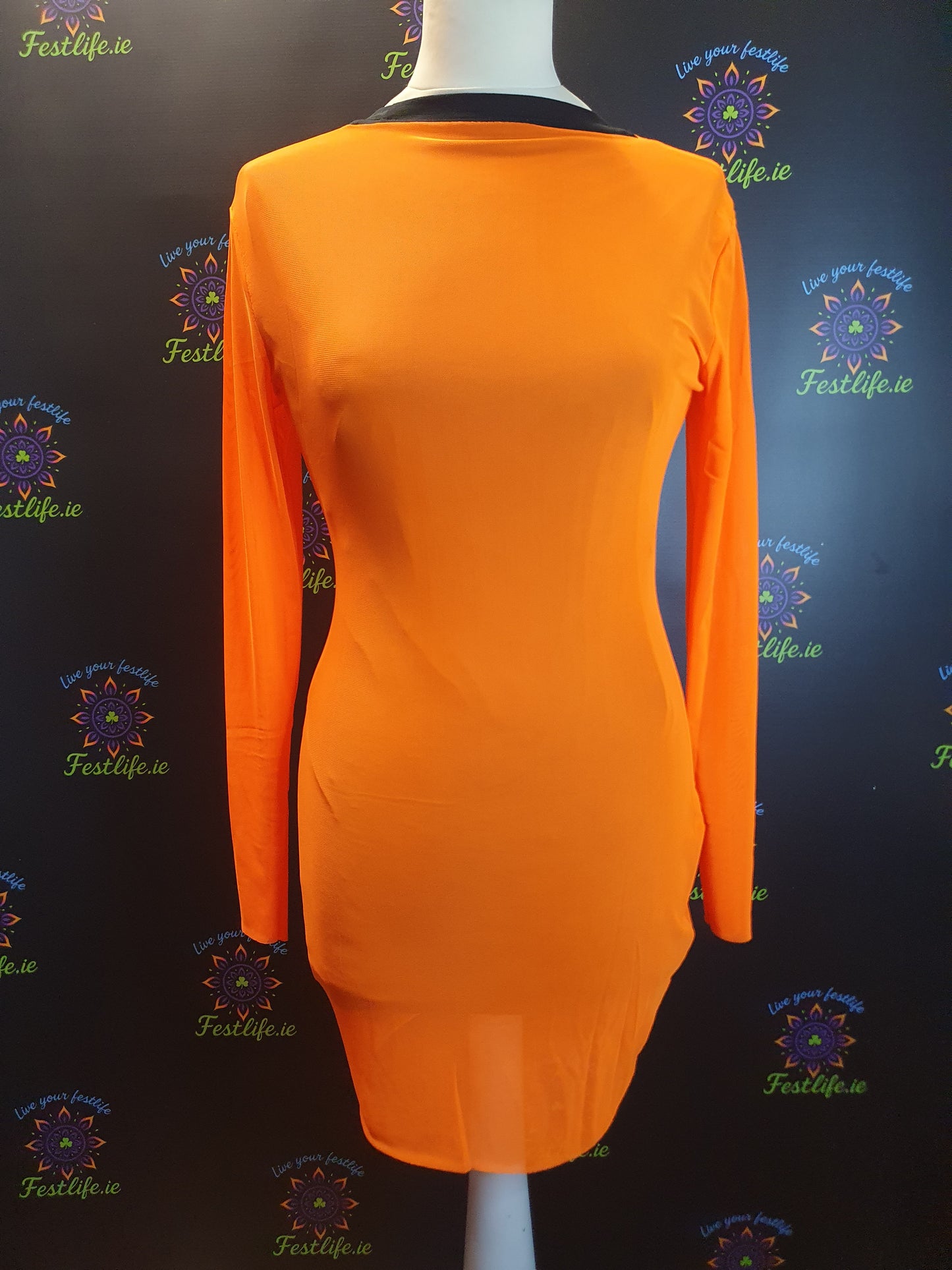 Neon Mesh Long Sleeve Mini Dress – Electric Orange