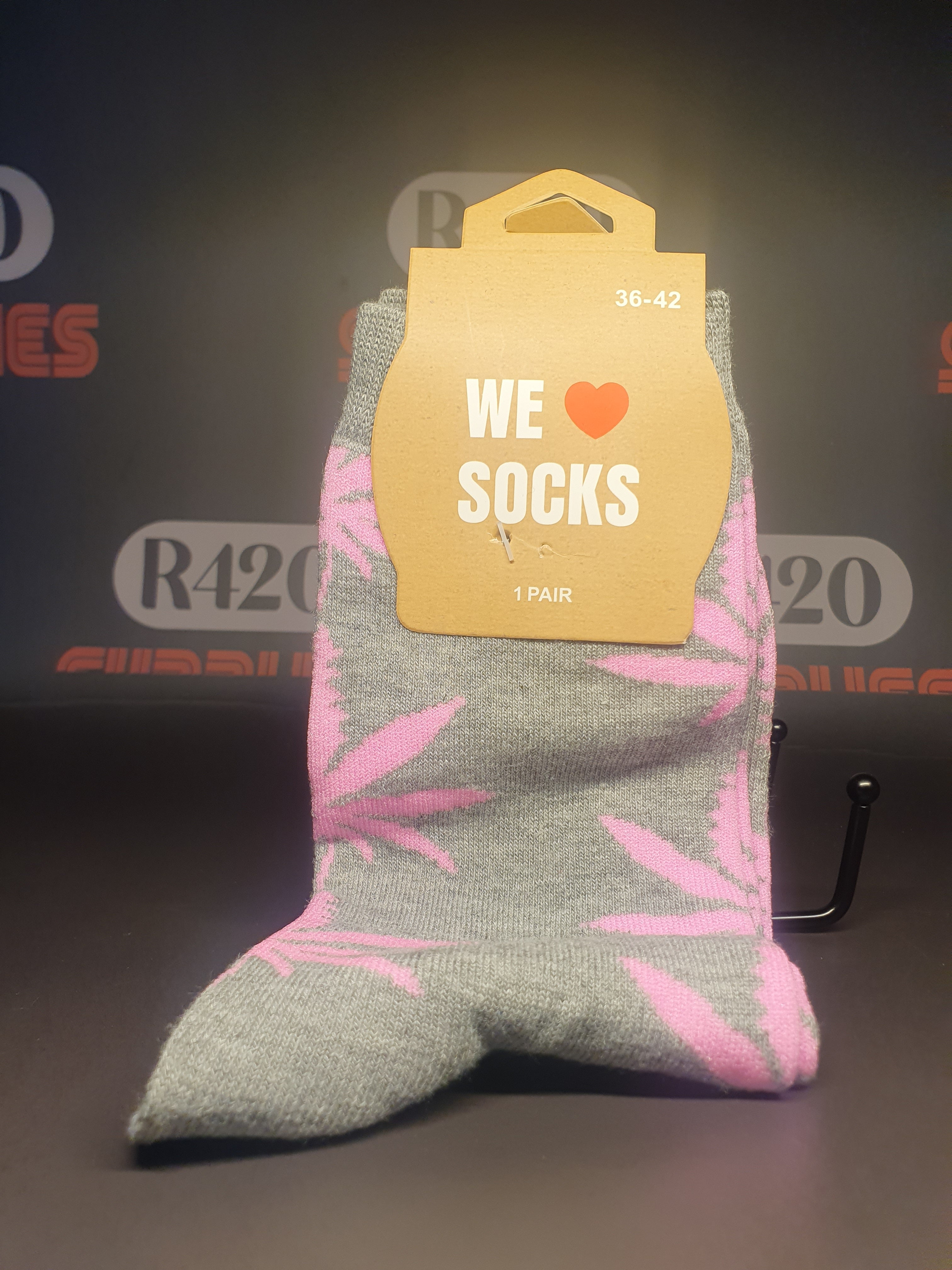 LONG SOCKS-SIZE(36-42) - Grey with pink leaves