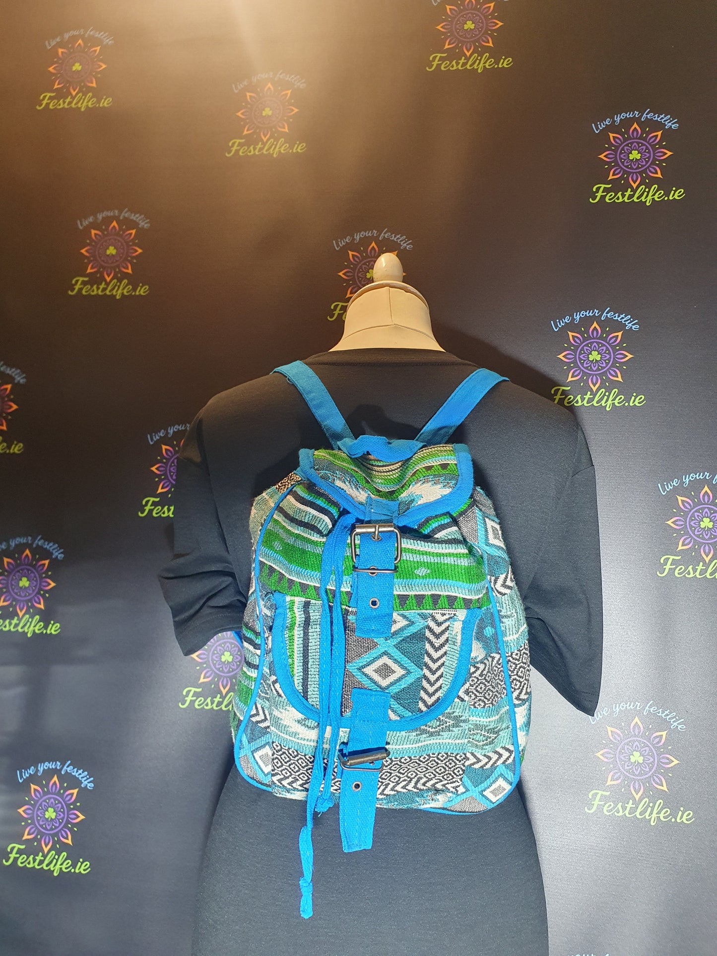 Jacquard rugzak in Nepalese stijl – Blauw/Groen
