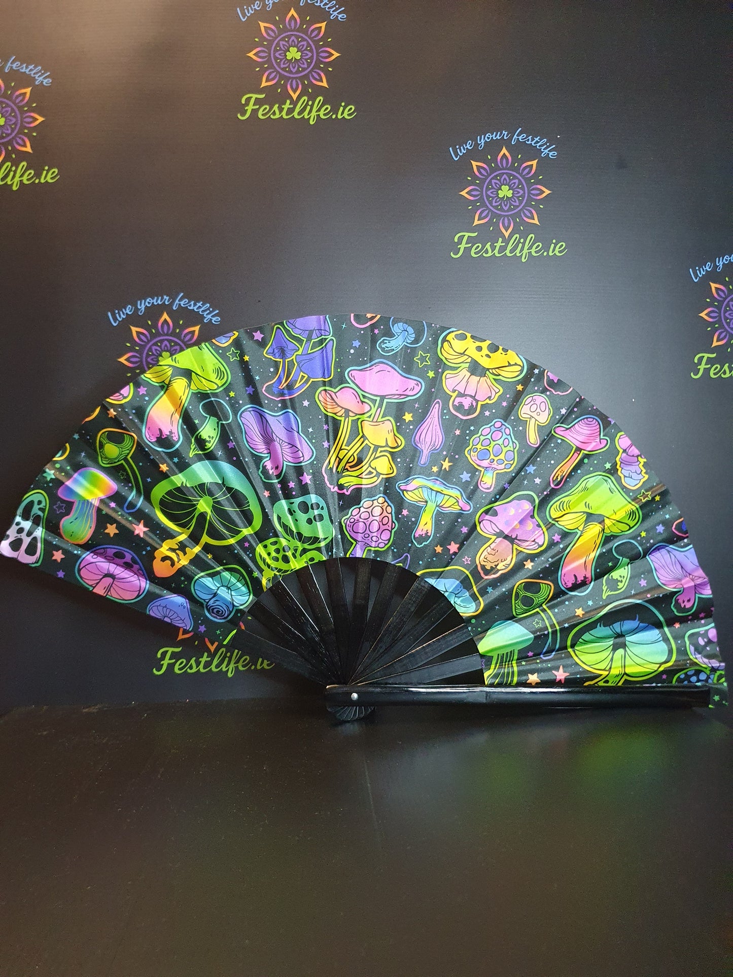 Holographic Reflective Clack Fan – 33cm | Premium Bamboo Rave Fan for Festivals & Parties