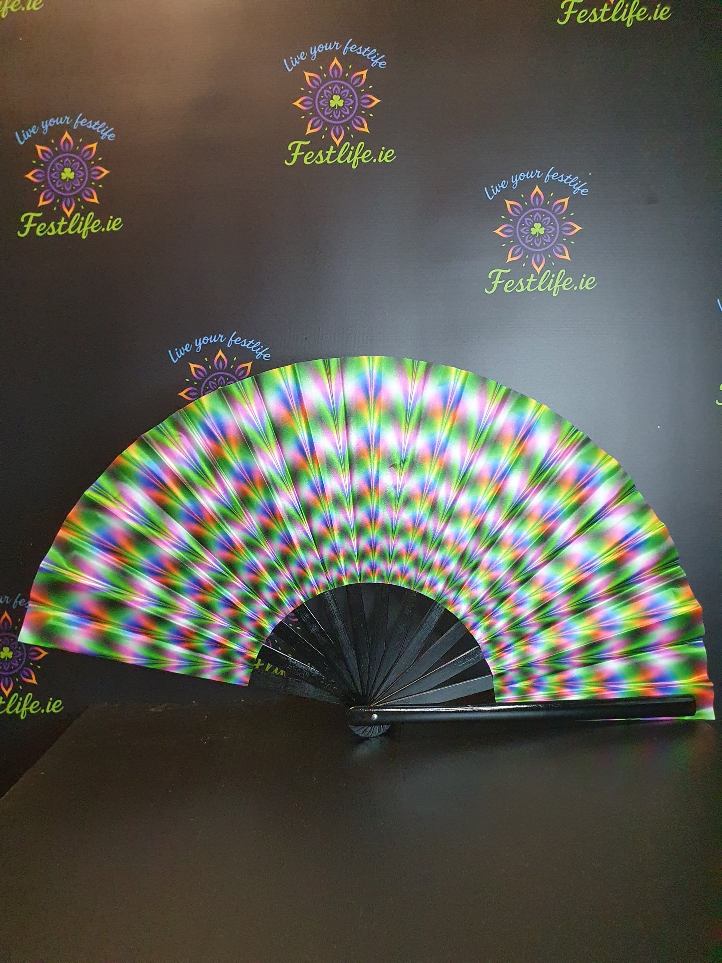 Holographic Reflective Clack Fan – 33cm | Premium Bamboo Rave Fan for Festivals & Parties