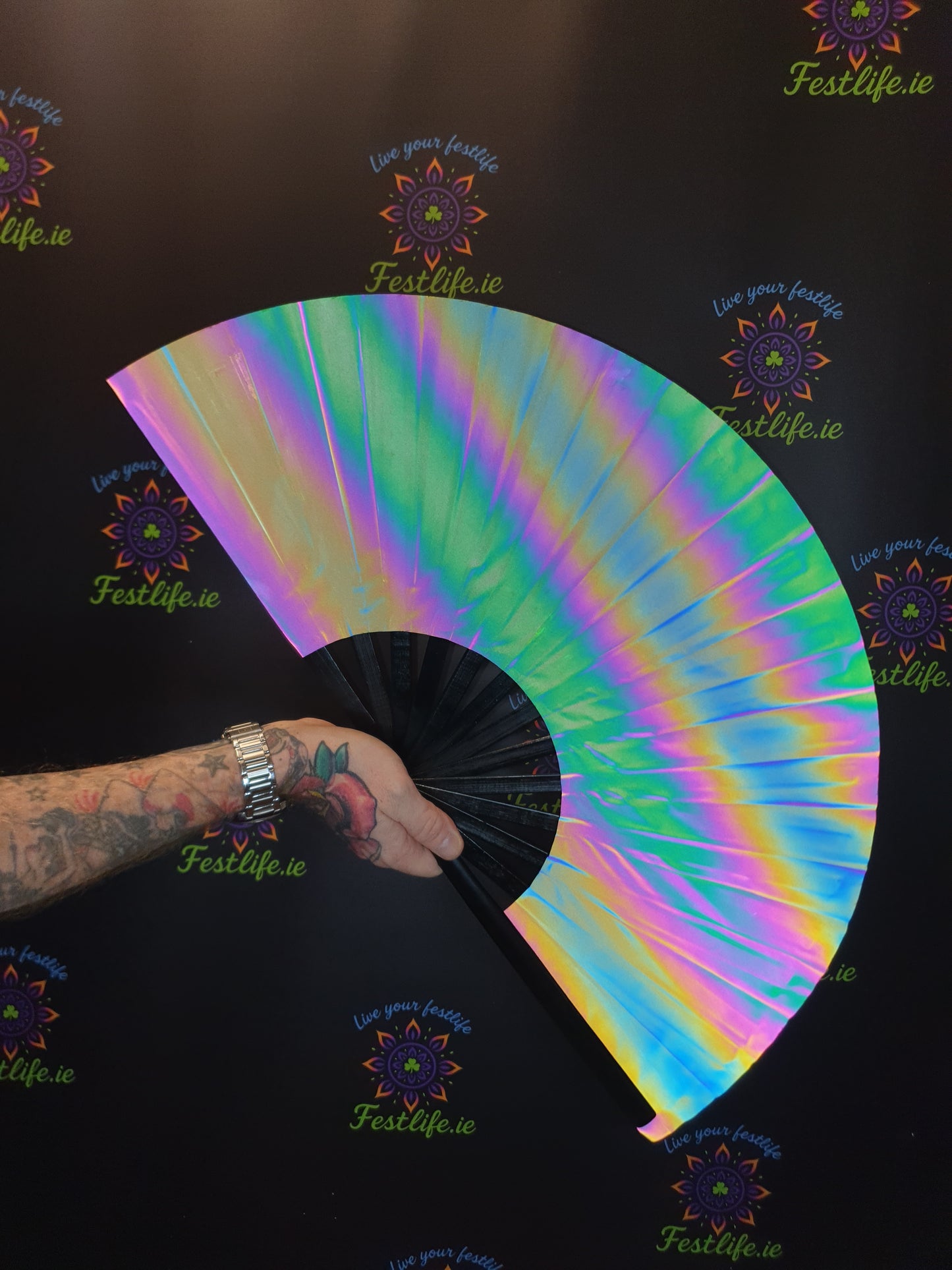 Holographic Reflective Clack Fan – 33cm | Premium Bamboo Rave Fan for Festivals & Parties