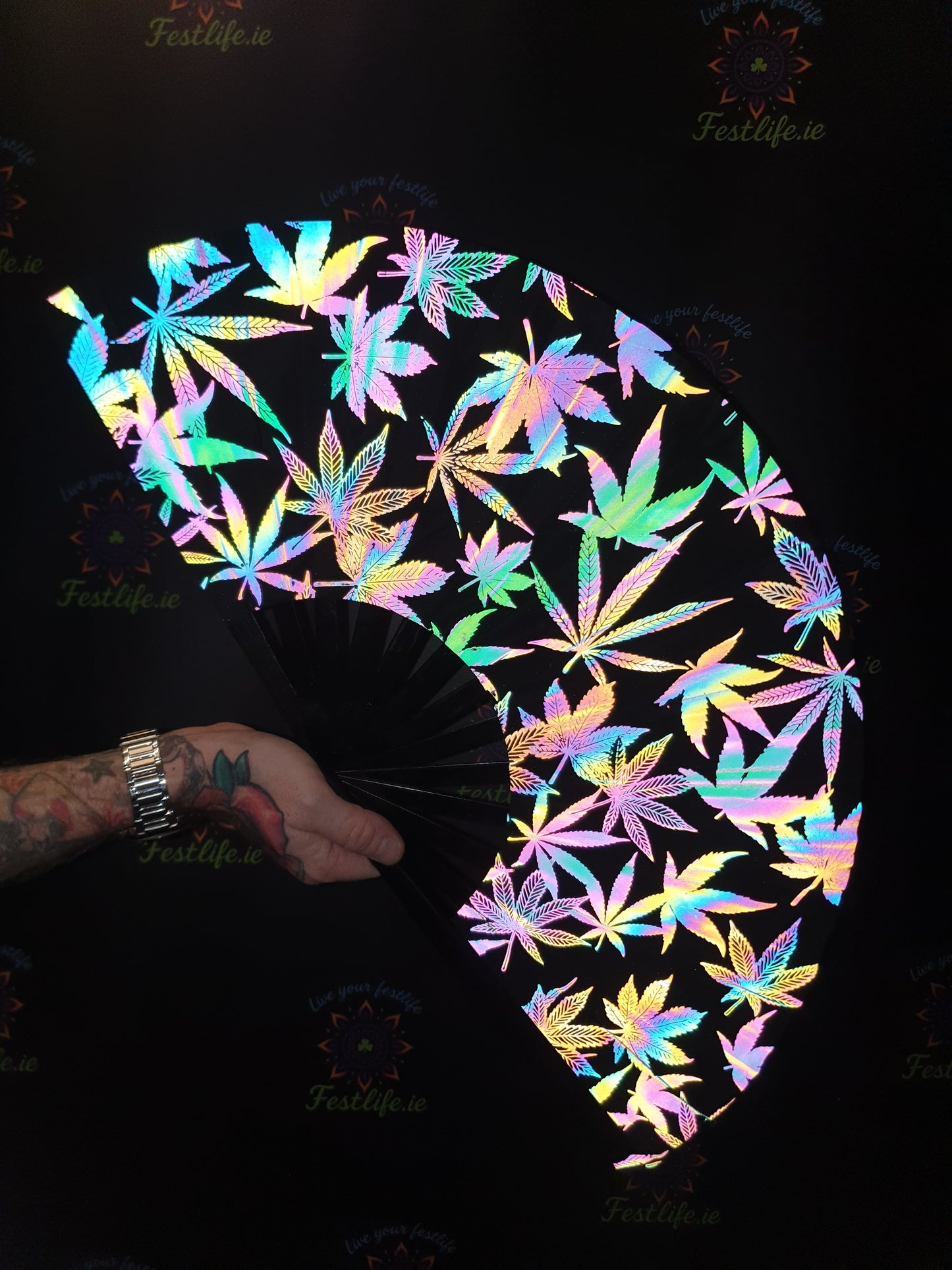 Holographic Reflective Clack Fan – 33cm | Premium Bamboo Rave Fan for Festivals & Parties