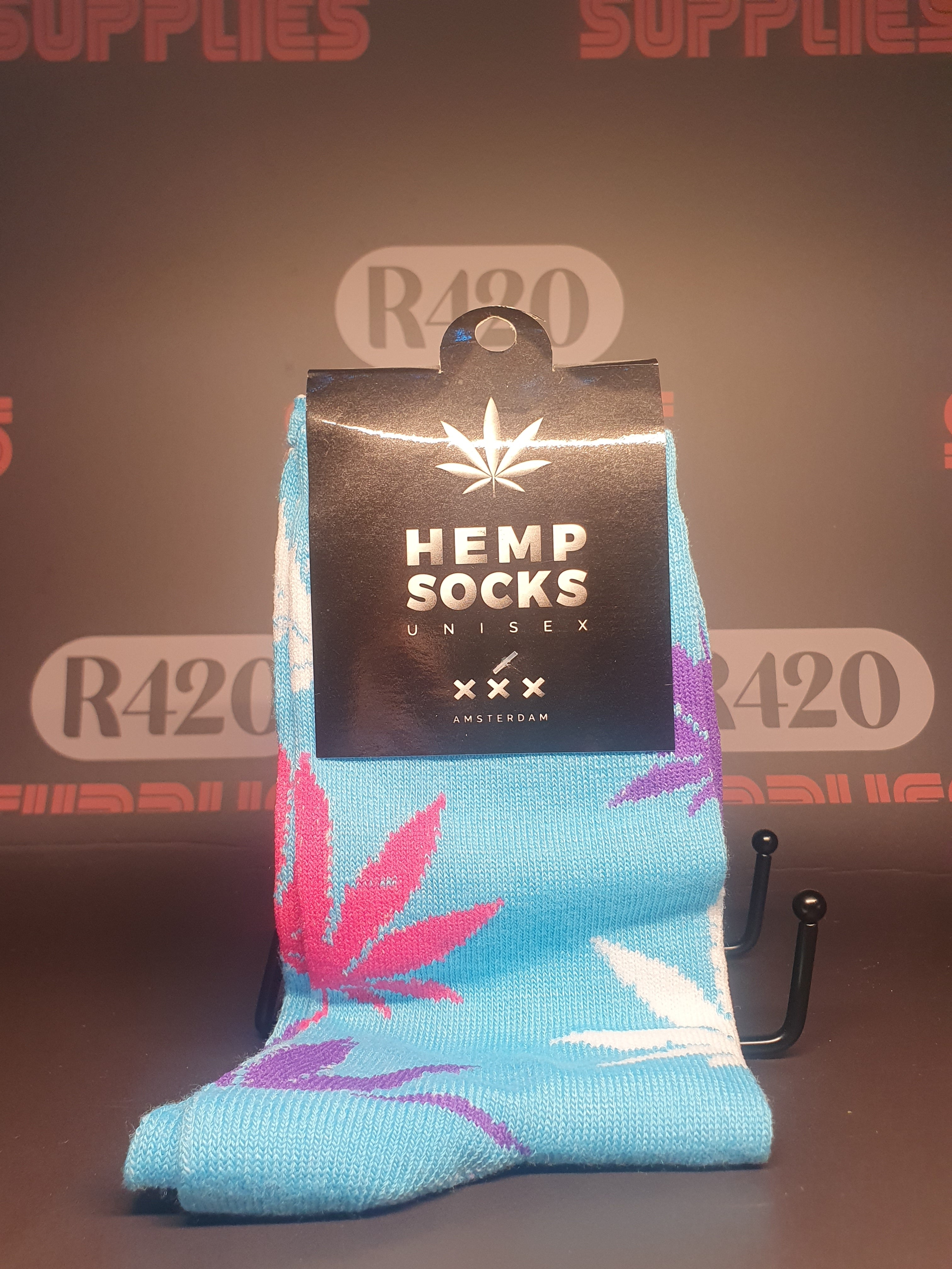 LONG SOCKS-SIZE(36-42) - Torquise with Pink & Purple Leaves