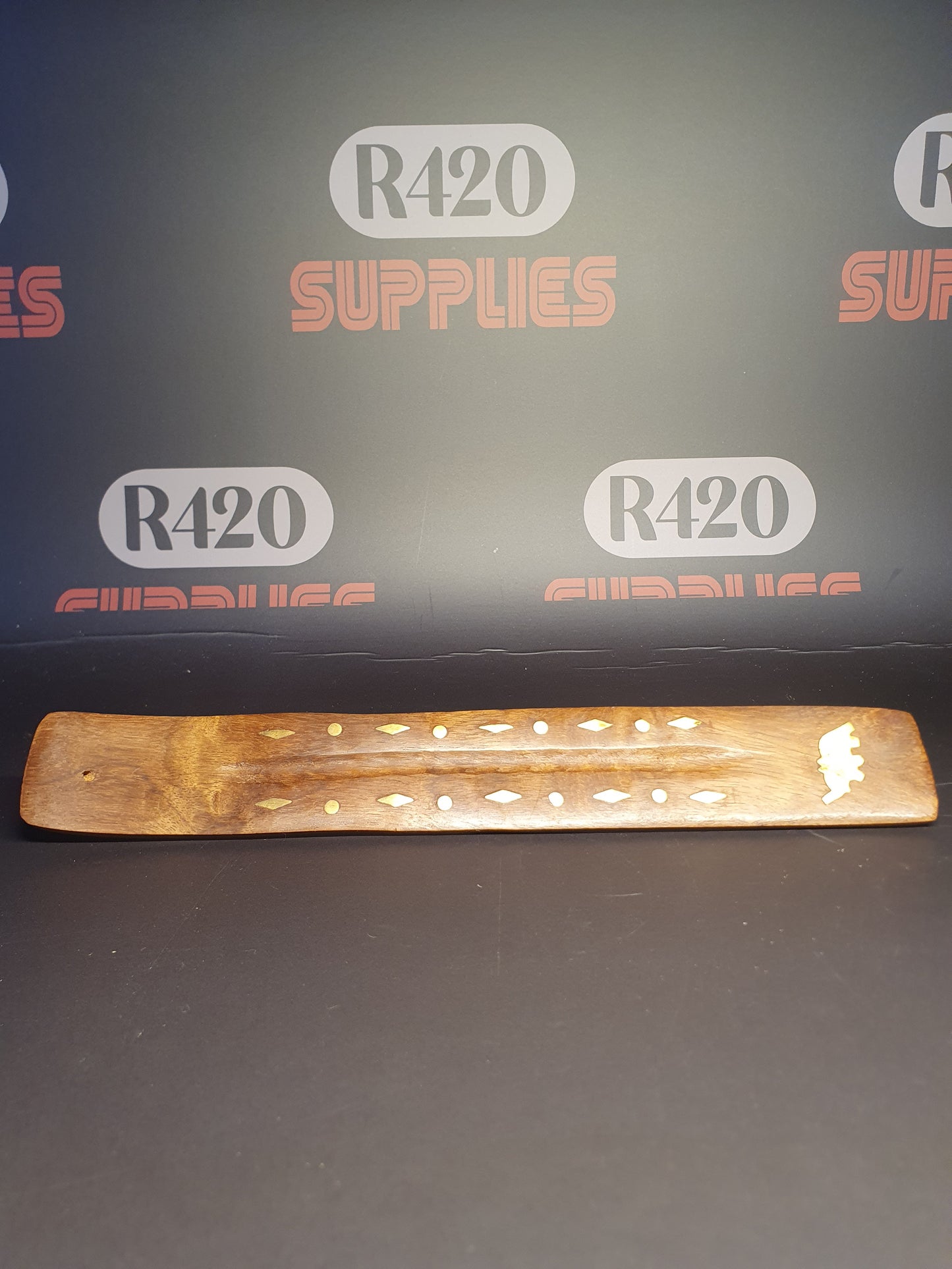 Flat Wooden Incense Burner with Brass Design
