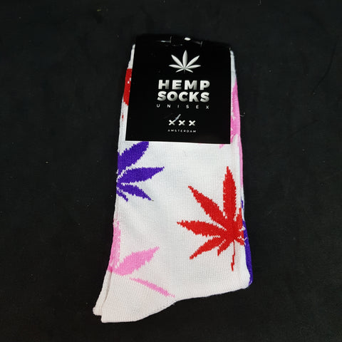 LONG SOCKS-SIZE(36-42) - White with Pink & Purple Leaves
