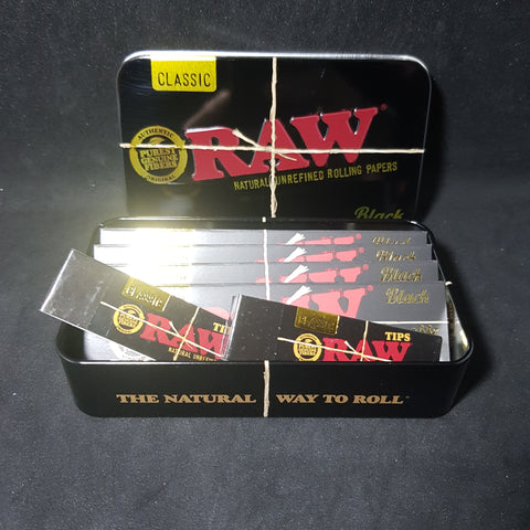 RAW Black Kingsize Smoking Set - Papers, Tips + Metal Tin