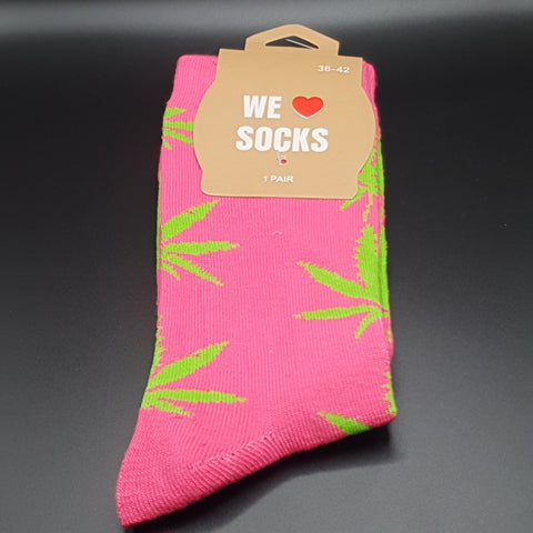 LONG SOCKS-SIZE(36-42) - Pink with Green Leaves