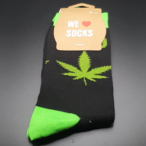 LONG SOCKS-SIZE(40-45) - Black with Neon Green Leaves