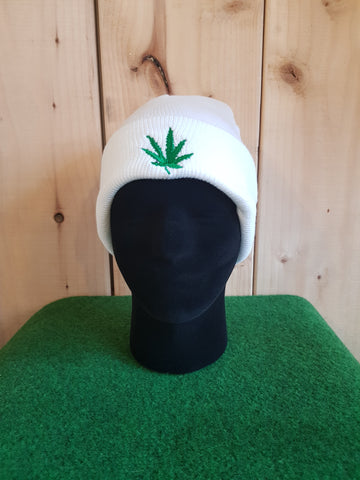 White Beanie Hat with Leaf