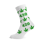 LONG SOCKS-SIZE(40-45) - White with Green 420 Leaves
